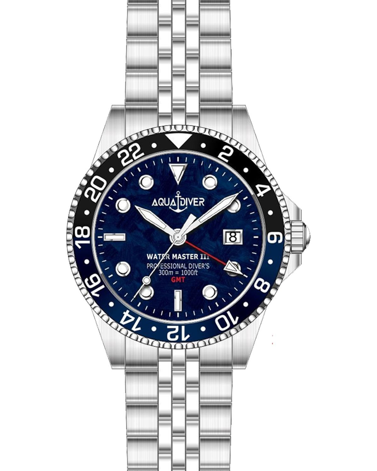 AQUADIVER Water Master III GMT Dual Time Silver Stainless Steel Bracelet