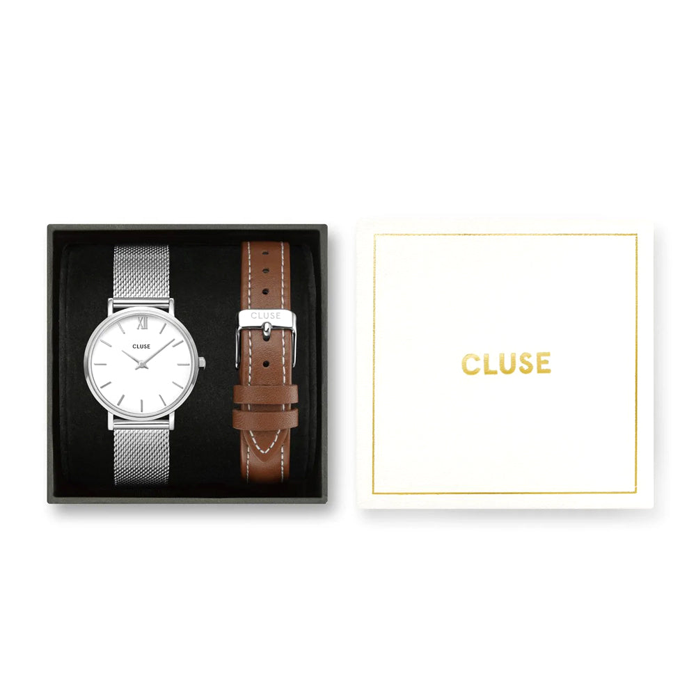 Cluse Gift Box Minuit Watch & Brown Leather Strap Silver Colour