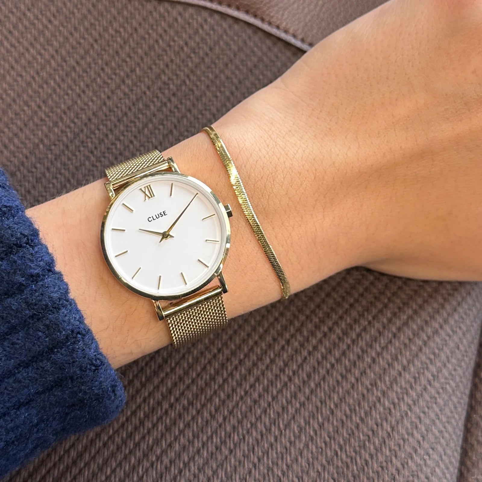 Cluse Gift Box Minuit Watch Mesh, White & Flat Snake Bracelet, Gold Colour