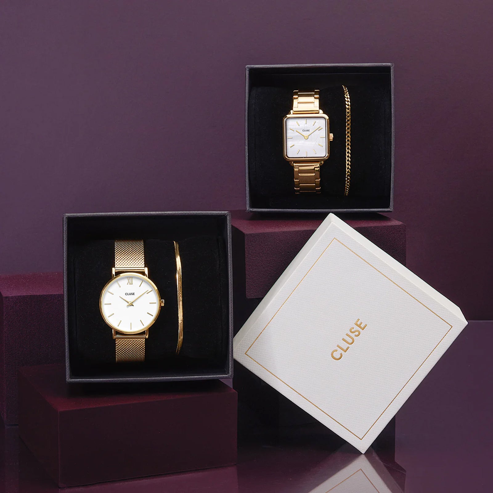 Cluse Gift Box Minuit Watch Mesh, White & Flat Snake Bracelet, Gold Colour