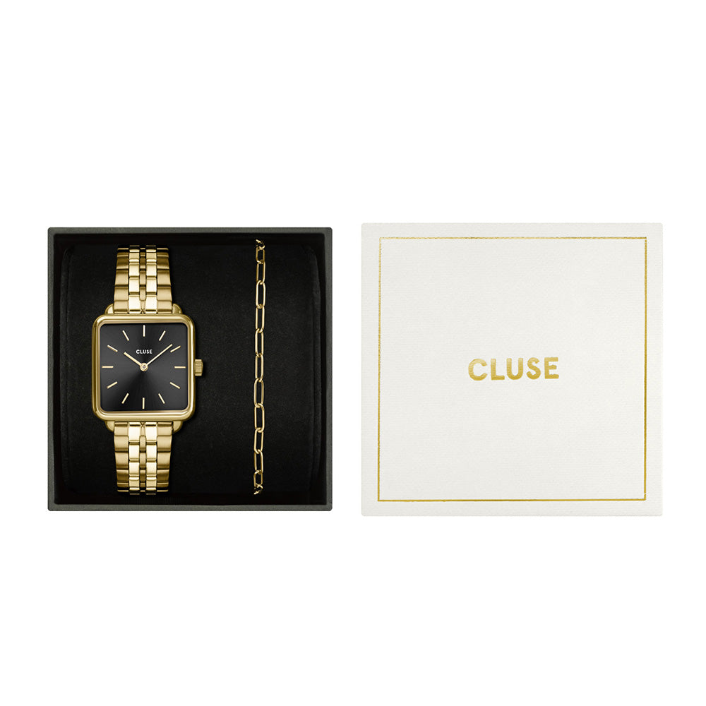 Cluse Gift Box La Tétragone Black Steel Watch & Paperclip Chain Bracelet Gold Colour