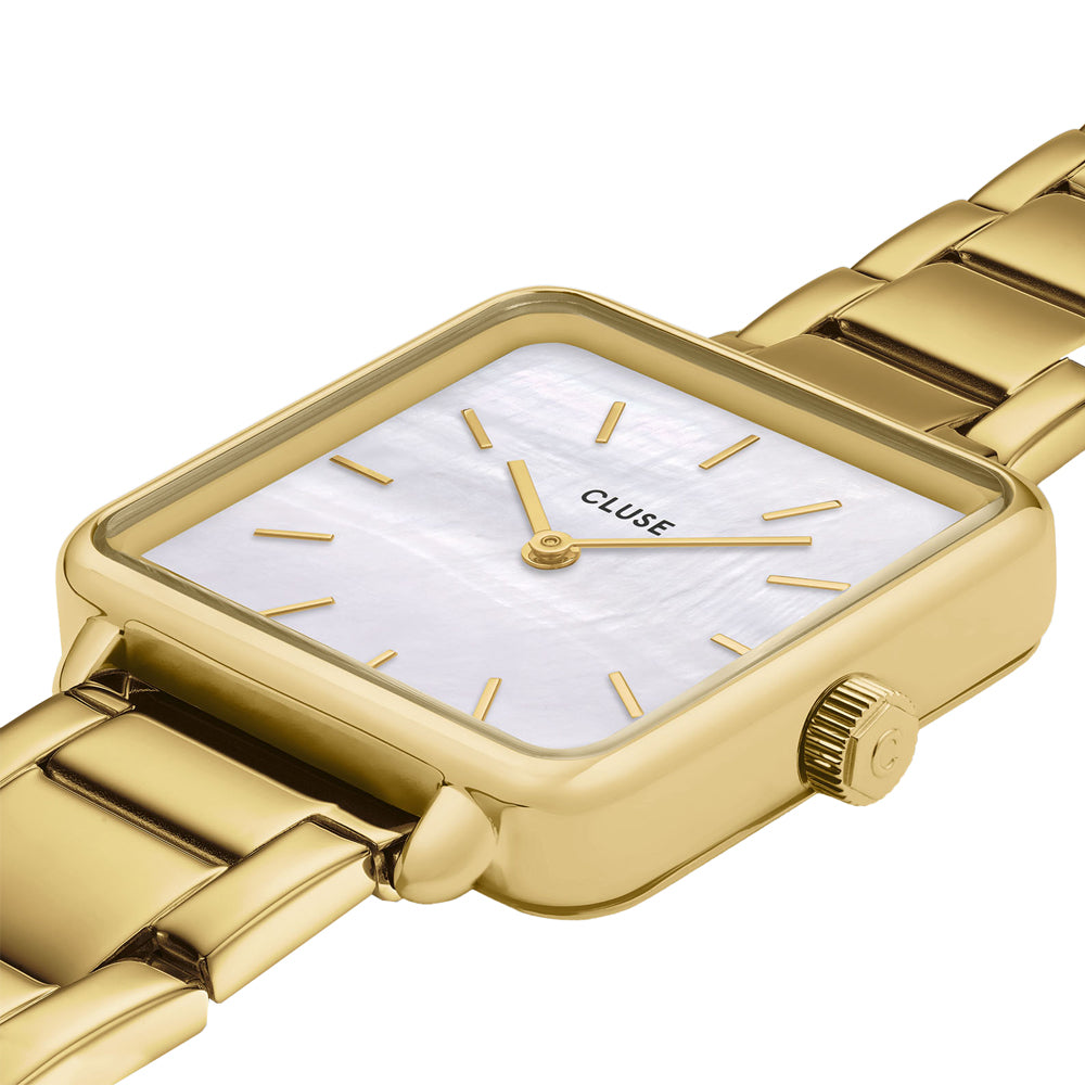 Gift Box La Tétragone Watch Steel White Pearl & Curb Chain Bracelet Gold Colour