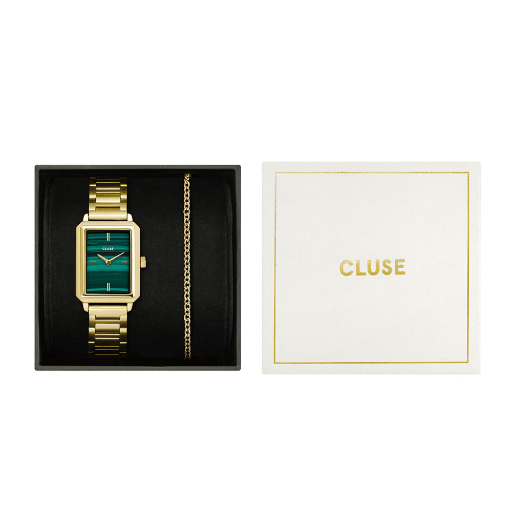 Cluse Gift Box Fluette Steel Green Watch and Round Chain Bracelet Gold Colour
