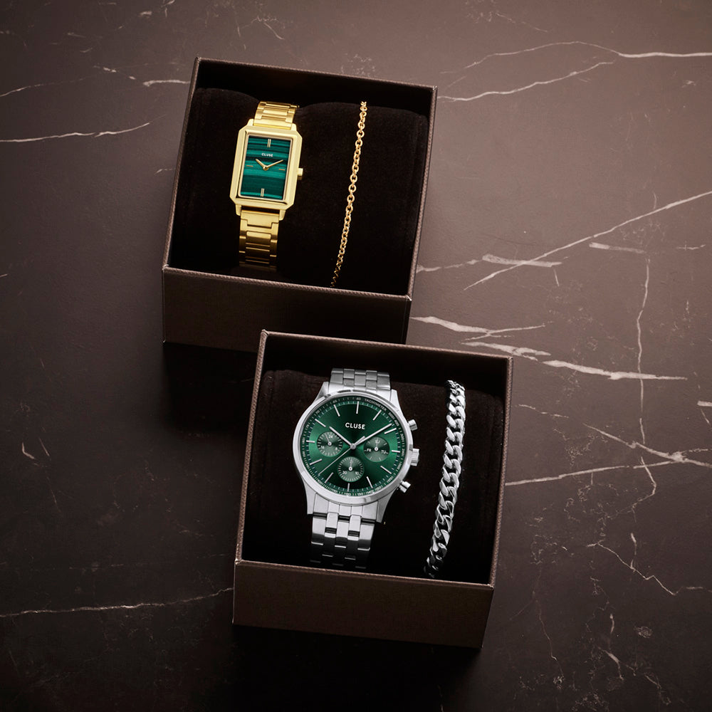 Cluse Gift Box Fluette Steel Green Watch and Round Chain Bracelet Gold Colour