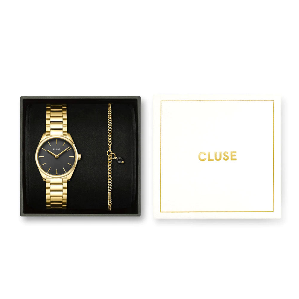 Cluse Gift Box Féroce Mini Watch Black & Chain Bracelet Gold Colour