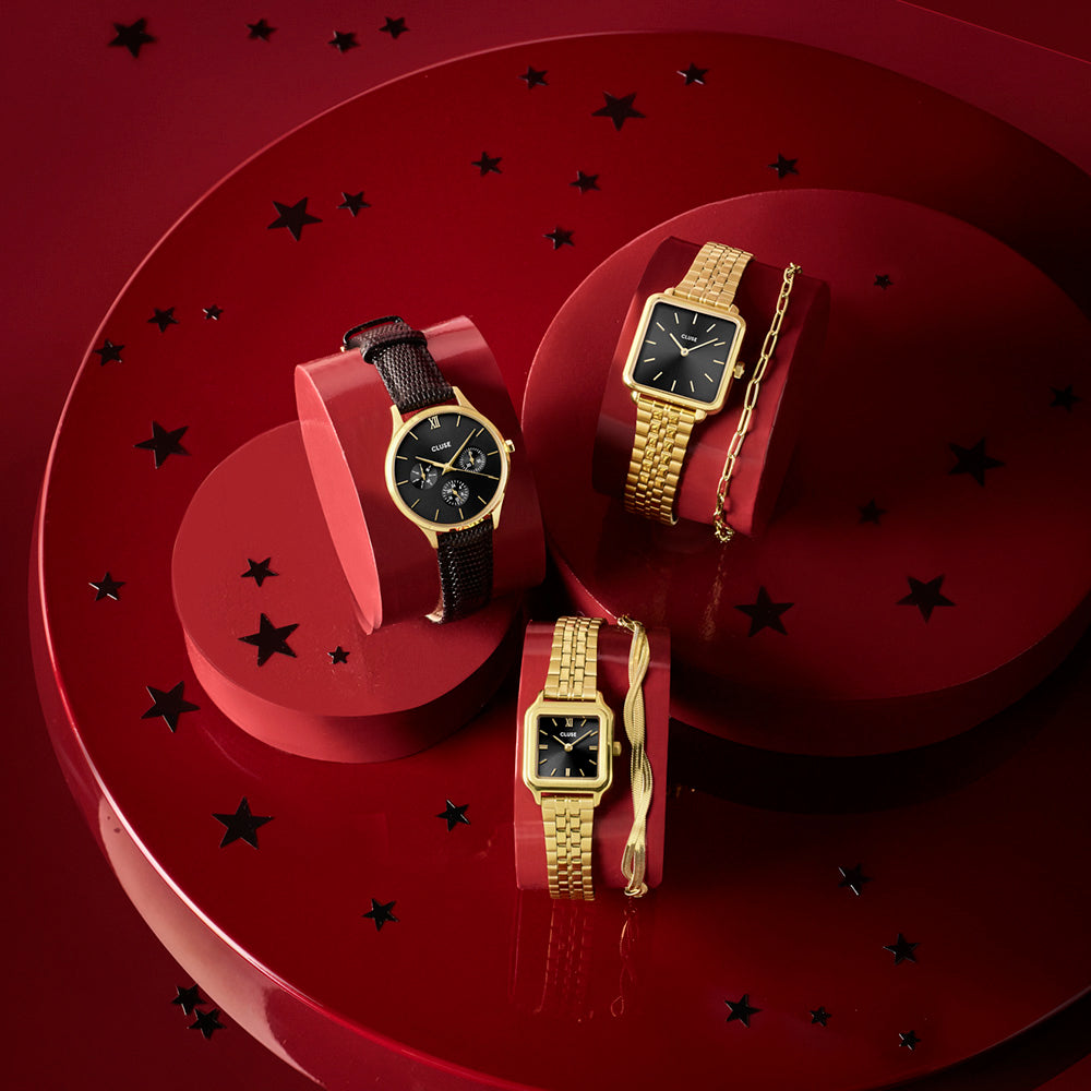 Cluse Gift Box Gracieuse Petite Watch Steel Dark Cherry & Braided Snake Bracelet Gold Colour