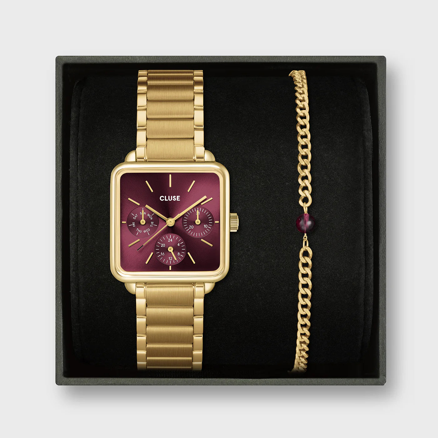 Cluse Gift Box La Tétragone Multifunction Watch Steel, Dark Cherry & Bead Bracelet, Gold Color