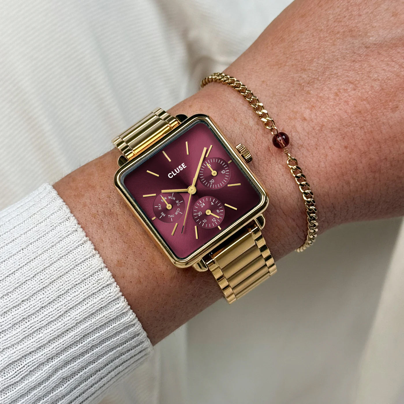 Cluse Gift Box La Tétragone Multifunction Watch Steel, Dark Cherry & Bead Bracelet, Gold Color