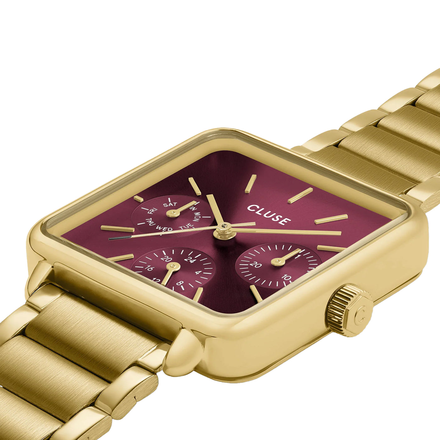 Cluse Gift Box La Tétragone Multifunction Watch Steel, Dark Cherry & Bead Bracelet, Gold Color