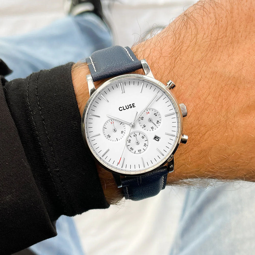 Cluse Gift Box Aravis Chrono Mesh Band & Navy Blue Leather Strap, Silver Colour