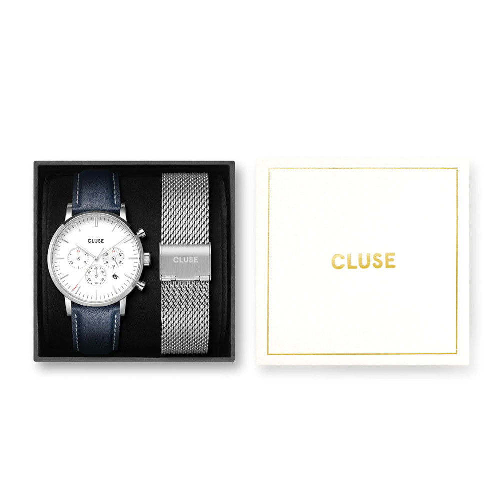 Cluse Gift Box Aravis Chrono Mesh Band & Navy Blue Leather Strap, Silver Colour