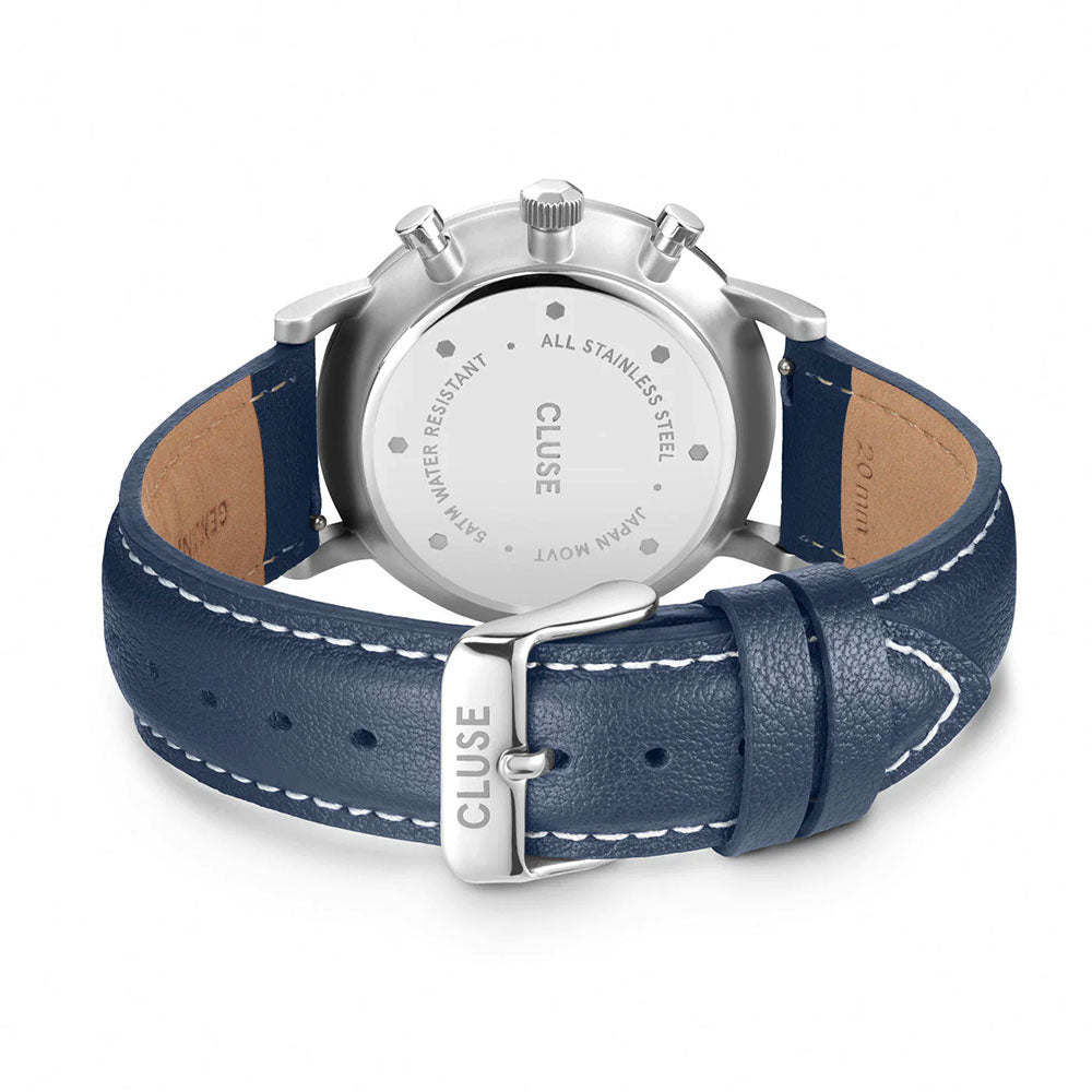 Cluse Gift Box Aravis Chrono Mesh Band & Navy Blue Leather Strap, Silver Colour
