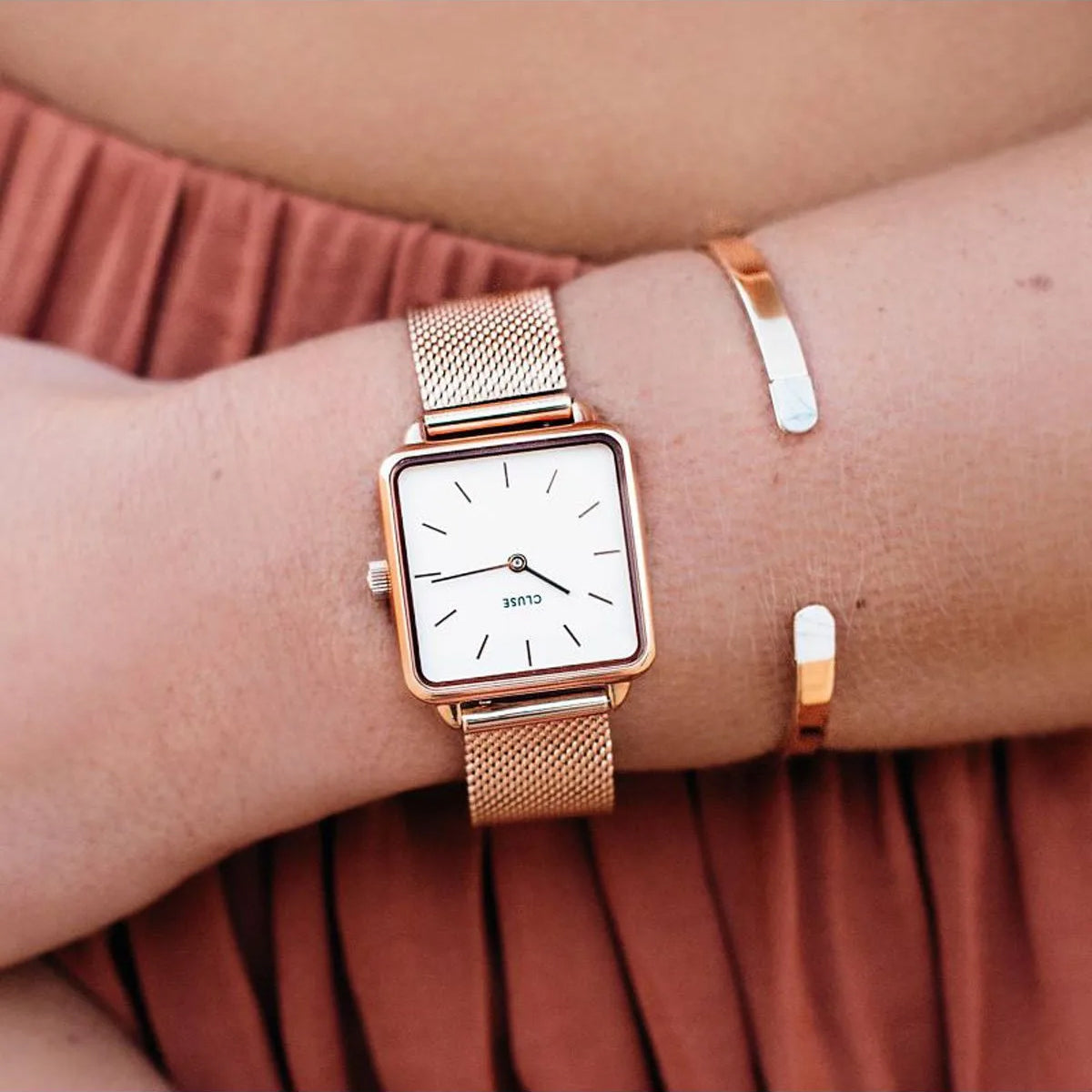 Cluse La Tétragone Rose Gold Mesh White