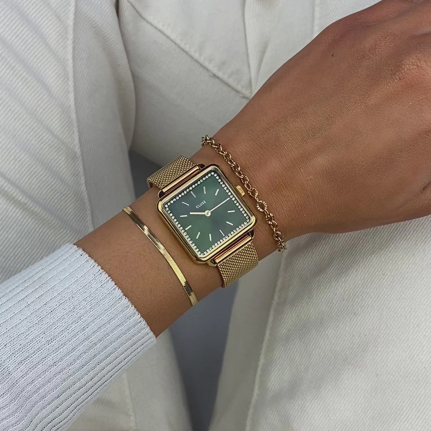 Cluse La Tétragone Watch Mesh stones Green, Gold Colour