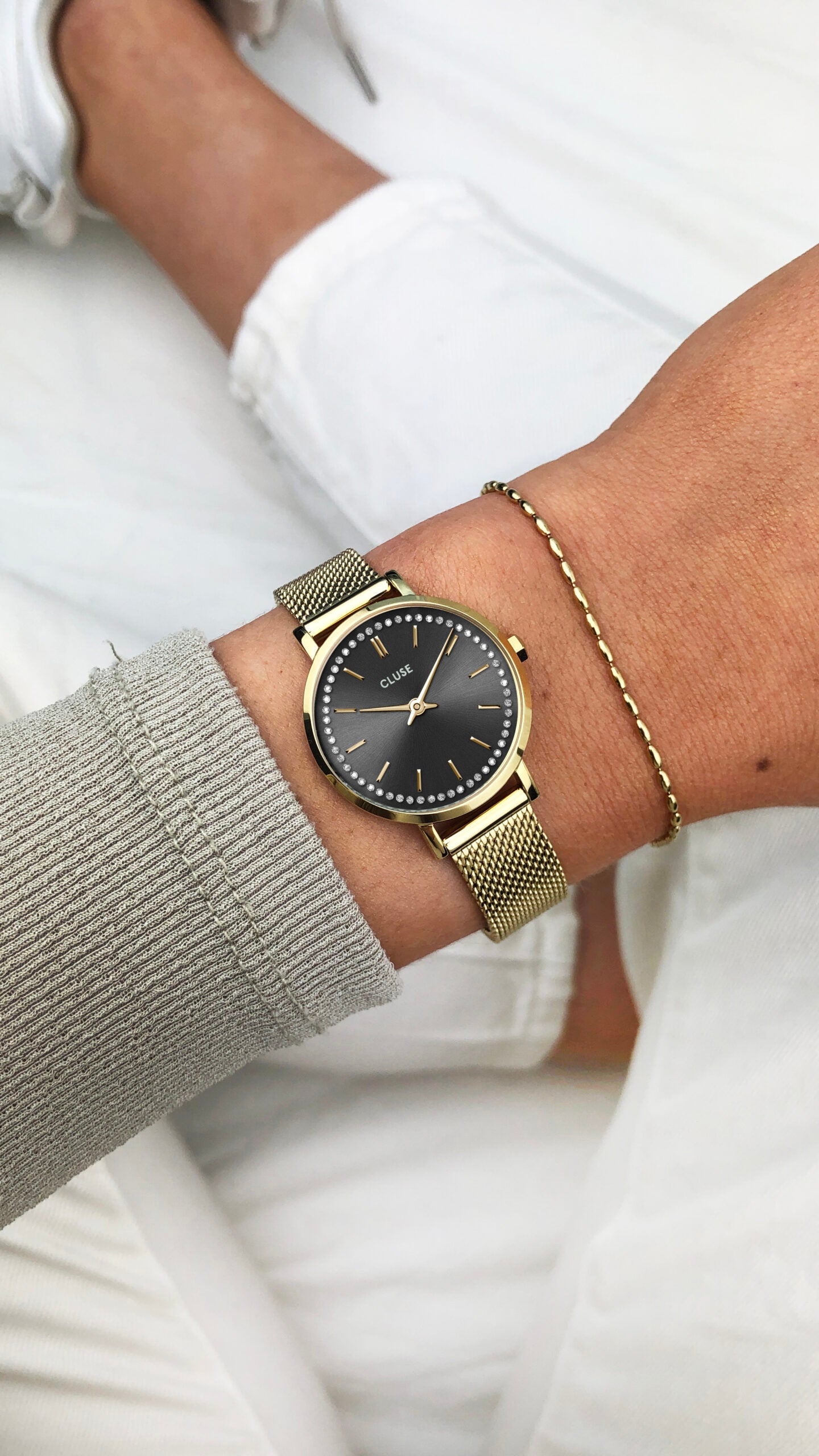 CLUSE Boho Chic Petite Crystals Mesh Grey Gold Colour