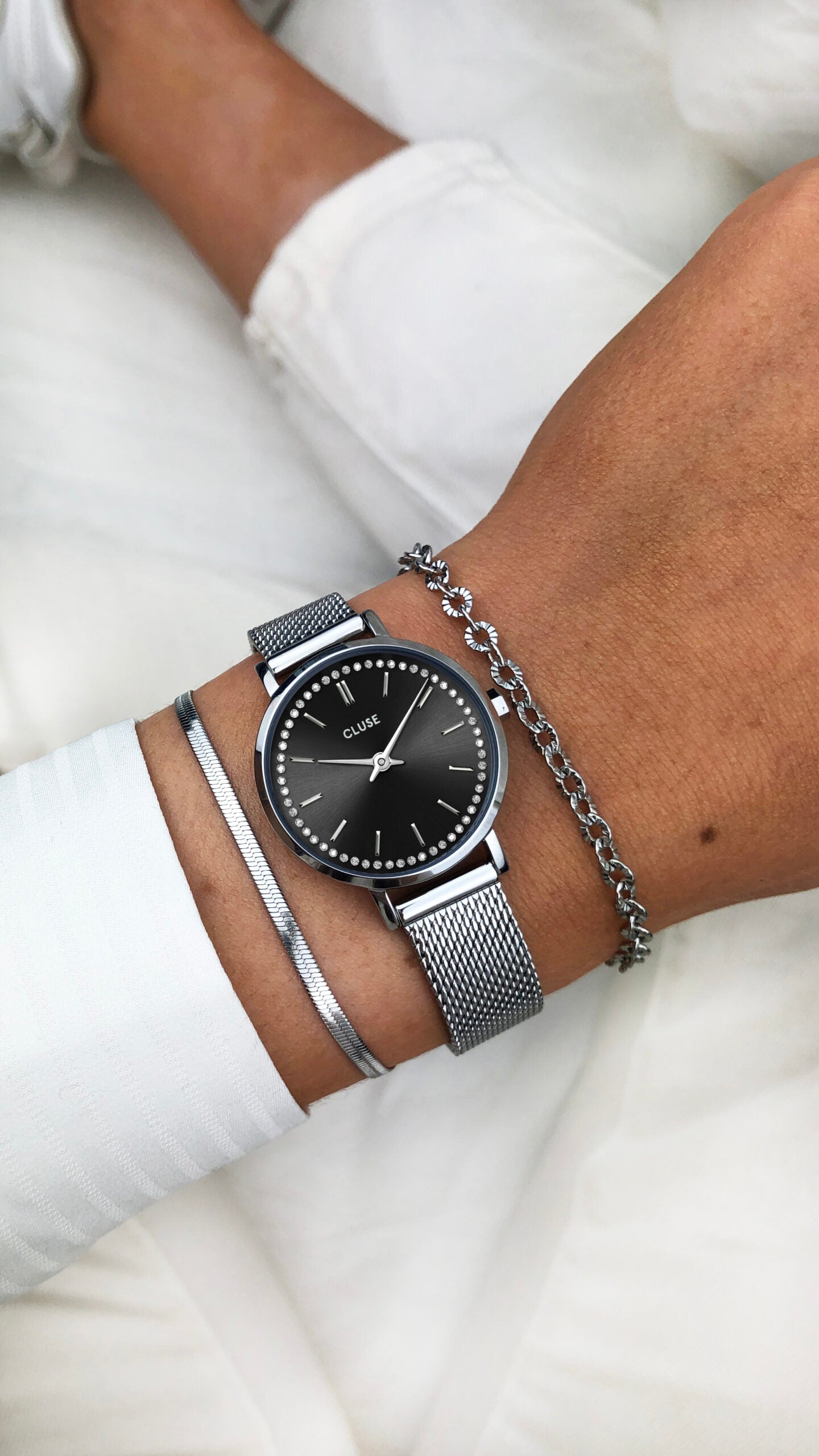 CLUSE Boho Chic Petite Crystals Mesh Black Silver Colour