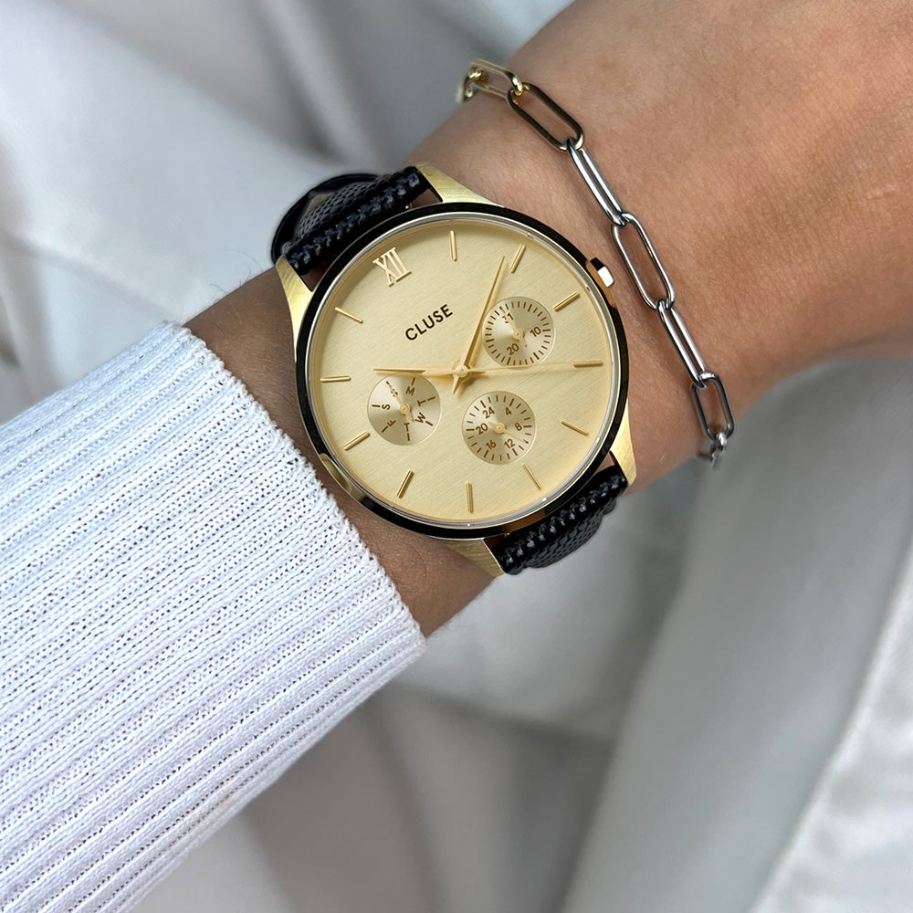 CLUSE Minuit Multifunction Watch Leather Black Lizard Gold Colour