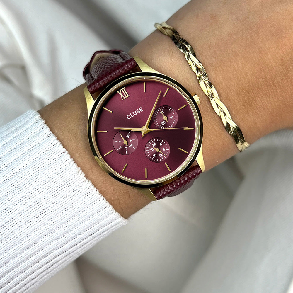 CLUSE Minuit Multifunction Watch Leather Dark Cherry Lizard Gold Colour