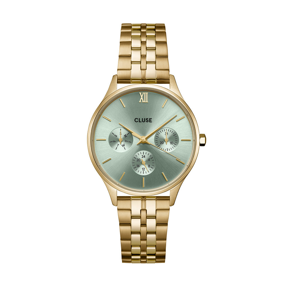 CLUSE Minuit Multifunction Watch Steel Sage Green Gold Colour