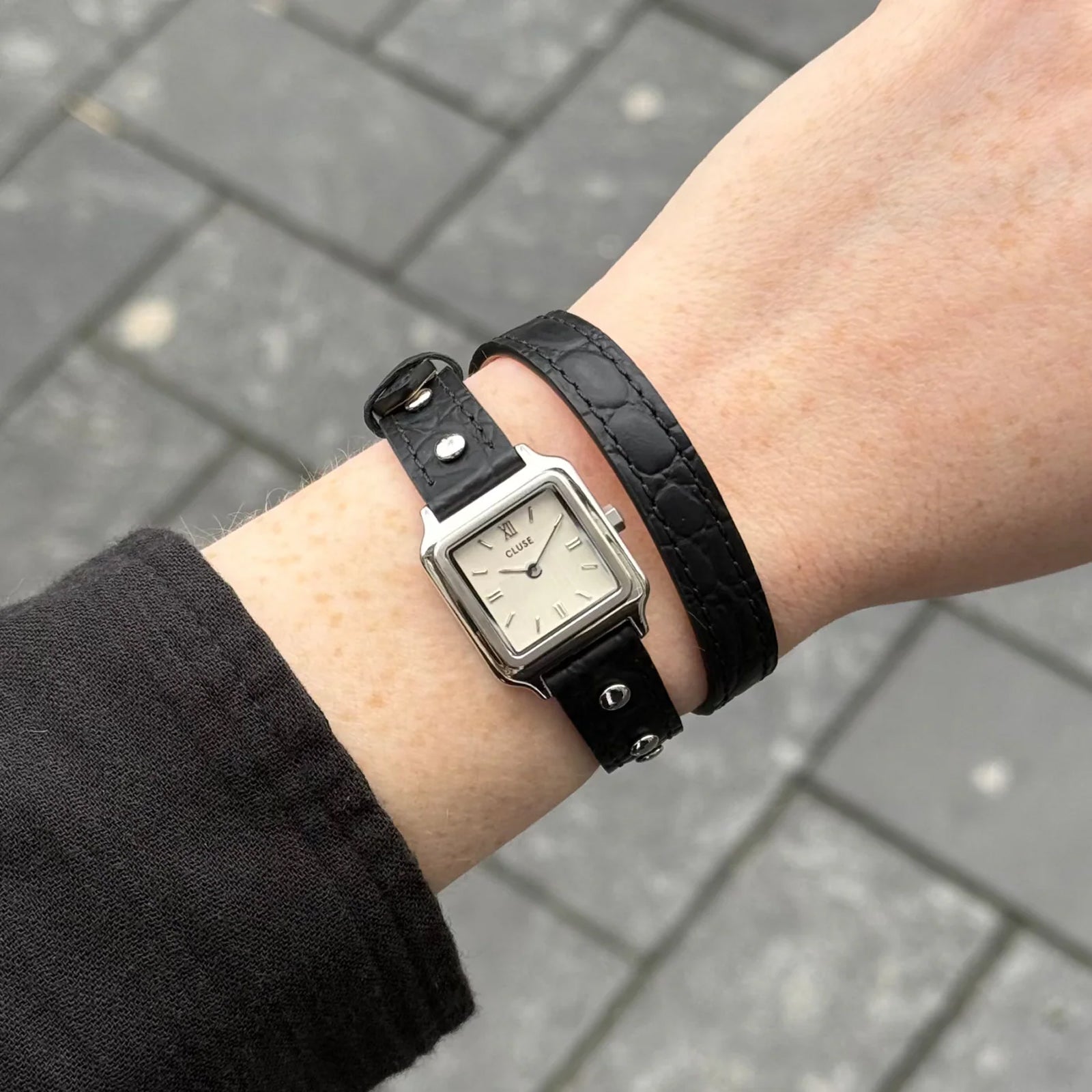 CLuse Gracieuse Mini Watch Double Leather Black, Studs, Silver Colour