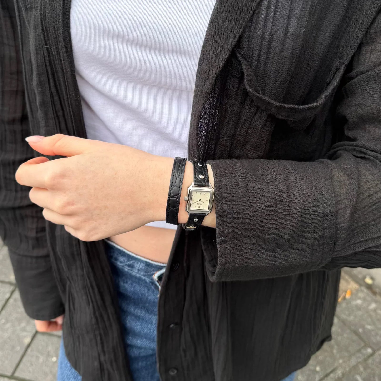 CLuse Gracieuse Mini Watch Double Leather Black, Studs, Silver Colour