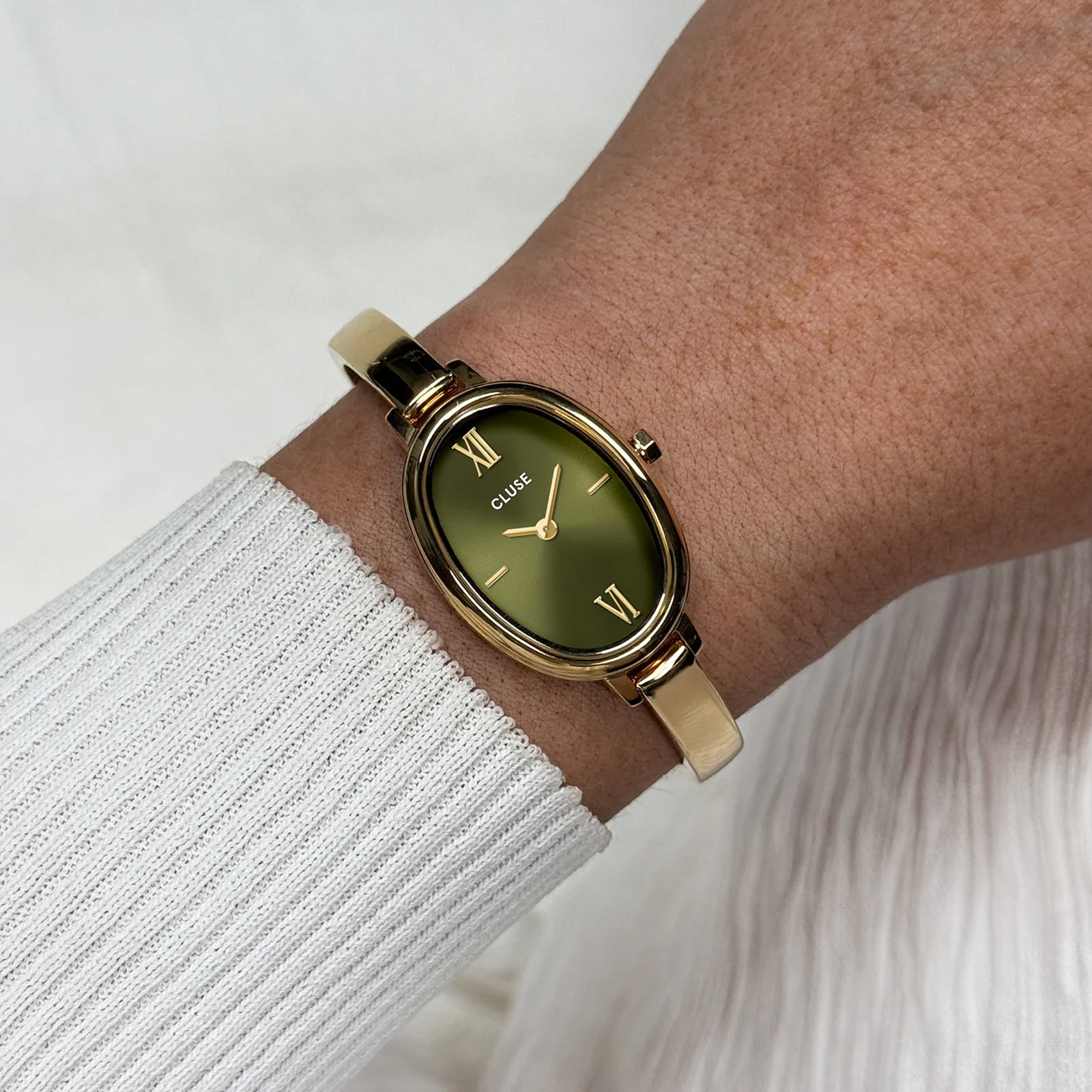CLUSE Retro 70's Watch Steel Forest Green Gold Color
