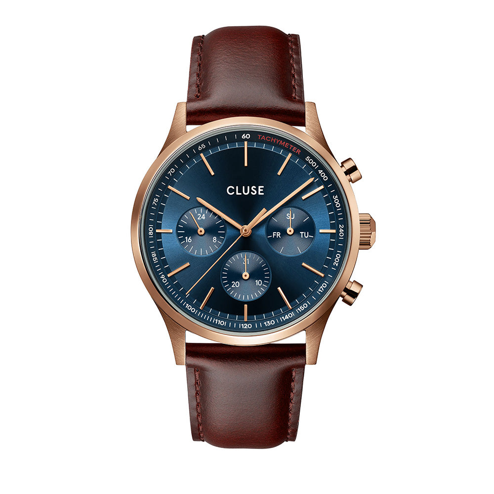 CLUSE Anthéor Multifunction Watch Leather Blue Rose Gold Colour