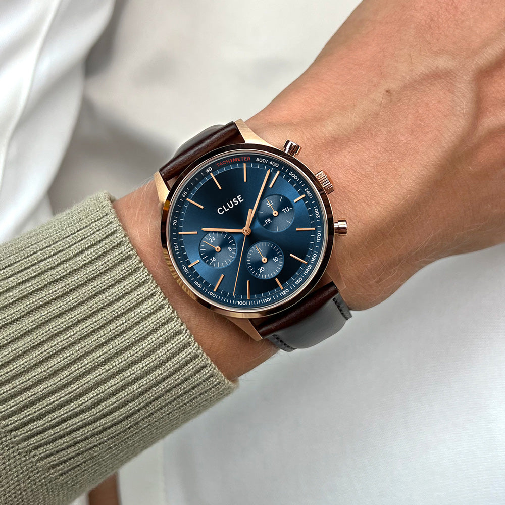 CLUSE Anthéor Multifunction Watch Leather Blue Rose Gold Colour