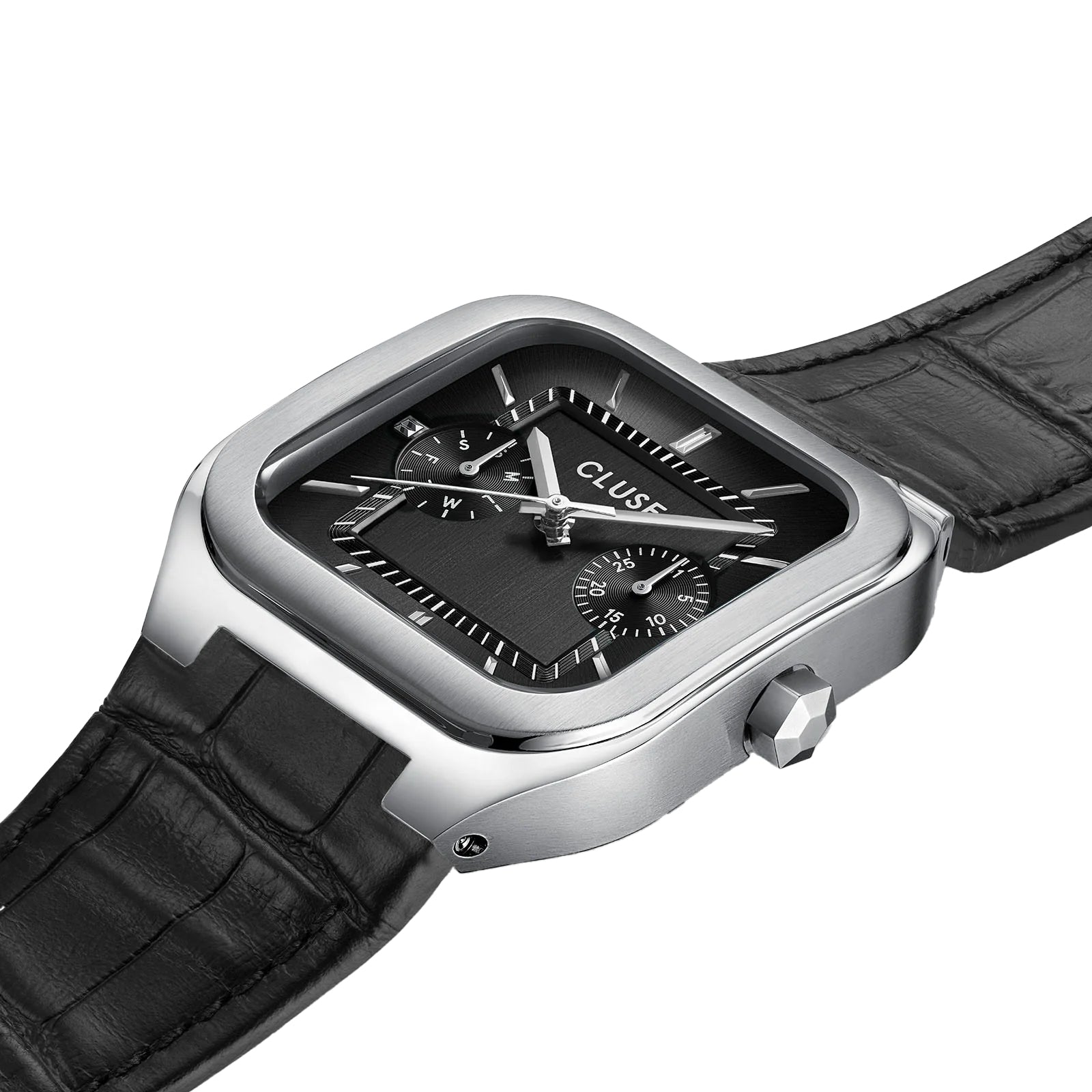 CLUSE Quadrus Multifunction Watch Leather, Black, Silver Colour