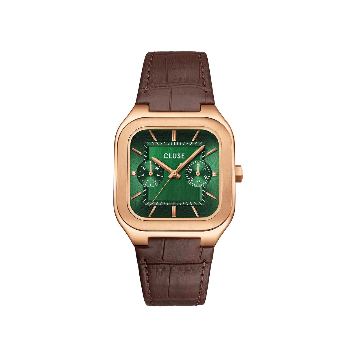 CLUSE Quadrus Multifunction Watch Leather, Green, Rose Gold Colour