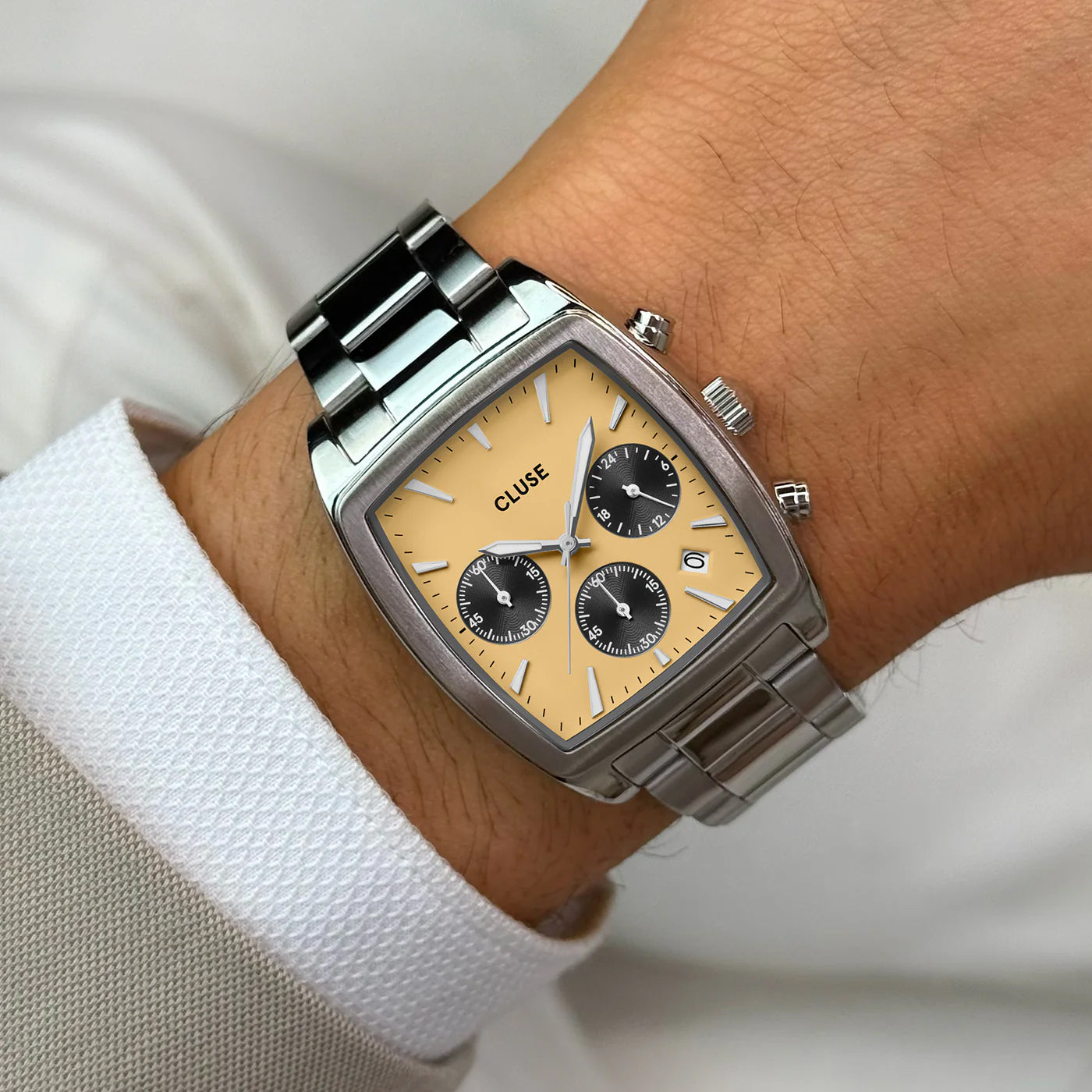 CLUSE Quartaut Chrono Watch Steel, Yellow and Grey, Silver Color