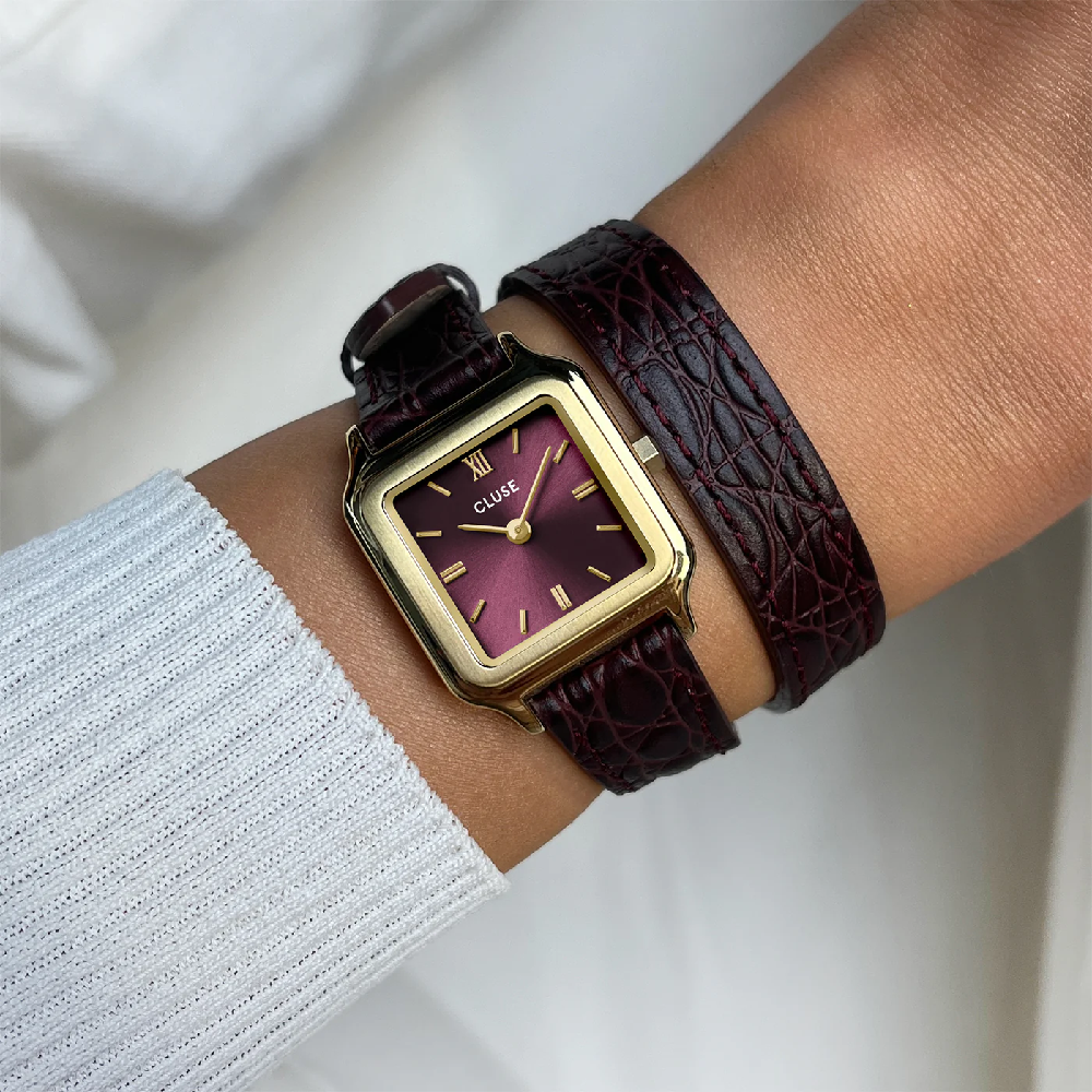 CLUSE Gracieuse Petite Watch Crocodile Leather Wine Gold Colour