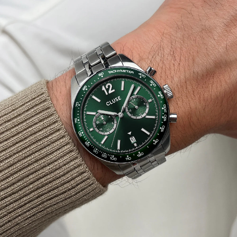 CLUSE Aravis Dual Timer Watch Steel Green Silver Colour