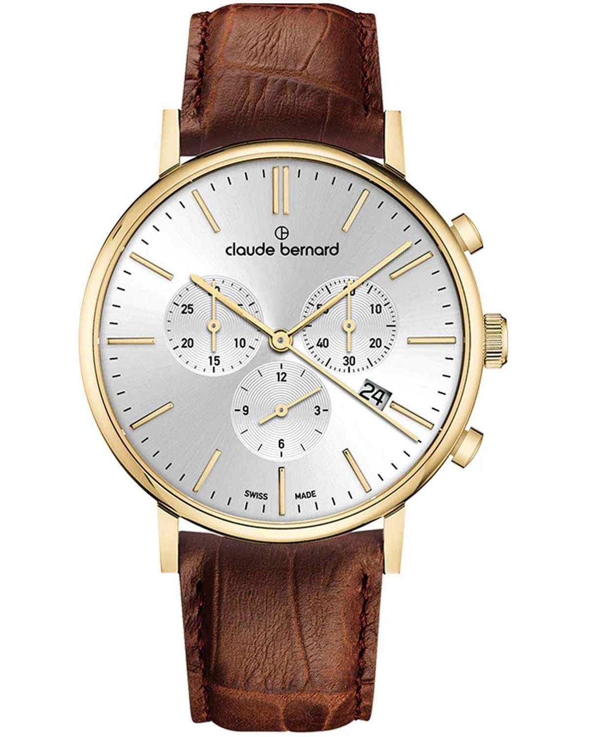 Ανδρικό ρολόι CLAUDE BERNARD Slim Line με χρονογράφο και καφέ δερμάτινο λουράκι