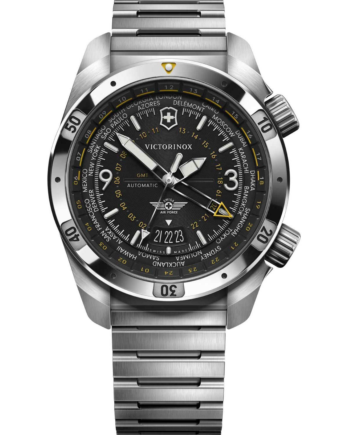 Ανδρικό ρολόι VICTORINOX Air Pro αυτόματο με τριπλή ώρα και ασημί μπρασελέ