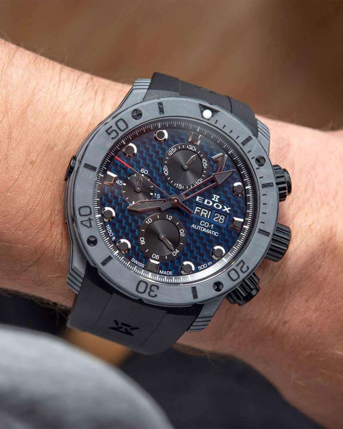 Ρολόι EDOX CO-1 Carbon Automatic Chronograph Black Rubber Strap
