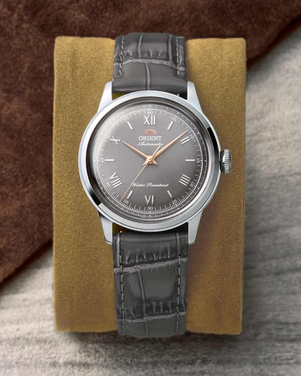 Ανδρικό ρολόι ORIENT Classic Bambino αυτόματο με γκρι δερμάτινο λουράκι