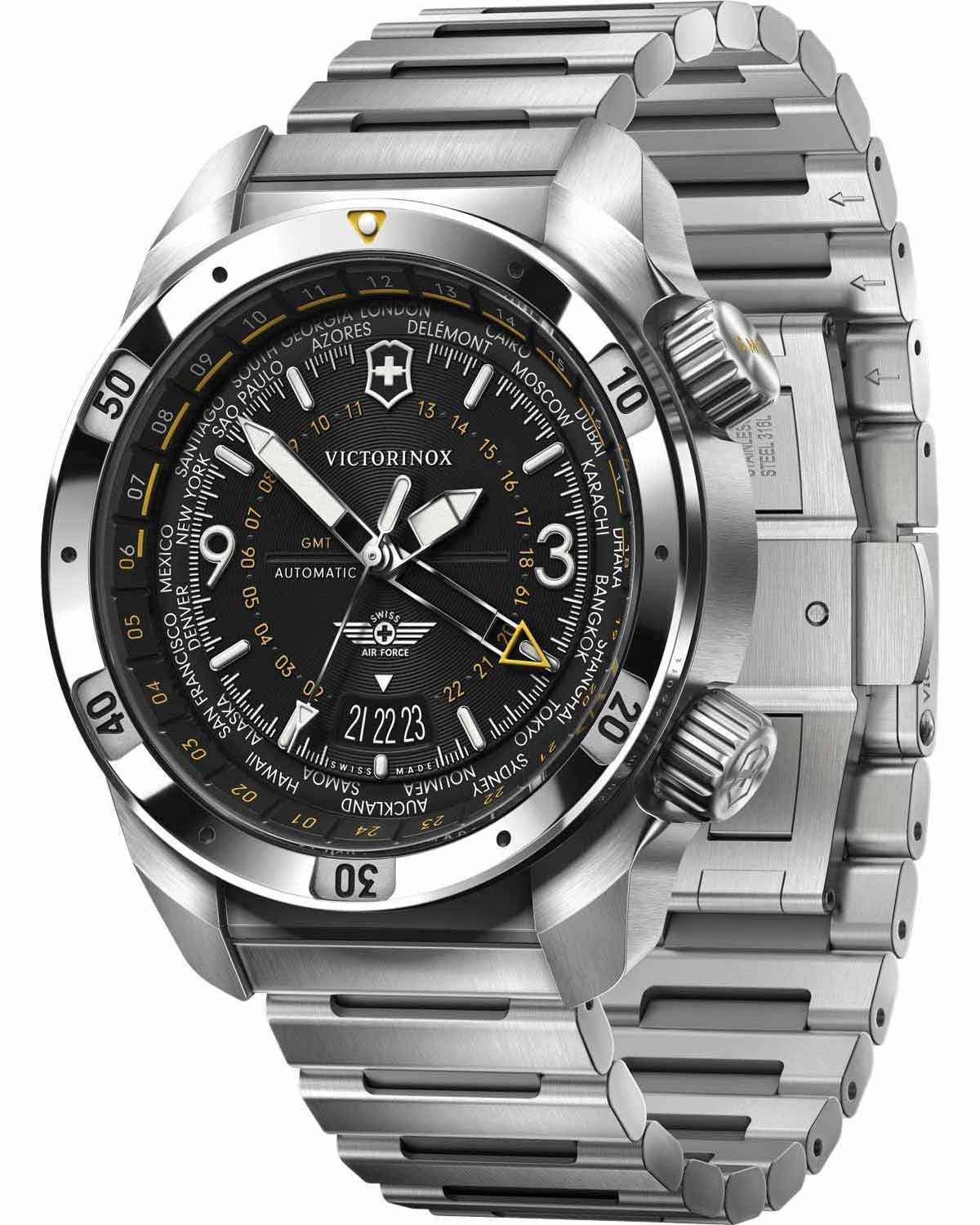 Ανδρικό ρολόι VICTORINOX Air Pro αυτόματο με τριπλή ώρα και ασημί μπρασελέ