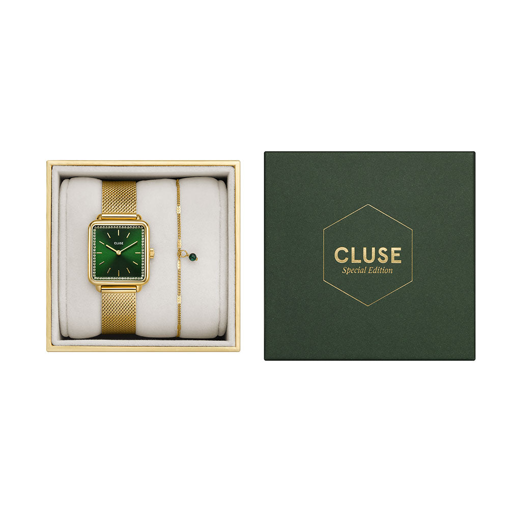 Cluse Gift Box La Tétragone Mesh and Malachite Bracelet Gold Colour