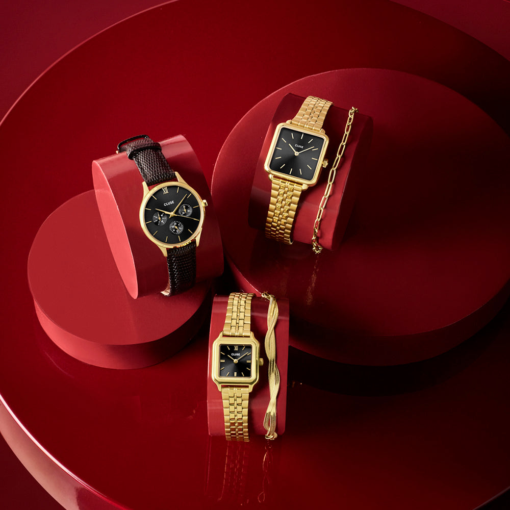 Cluse Gift Box La Tétragone Black Steel Watch & Paperclip Chain Bracelet Gold Colour