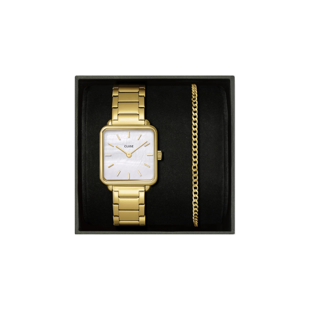 Gift Box La Tétragone Watch Steel White Pearl &amp; Curb Chain Bracelet Gold Color