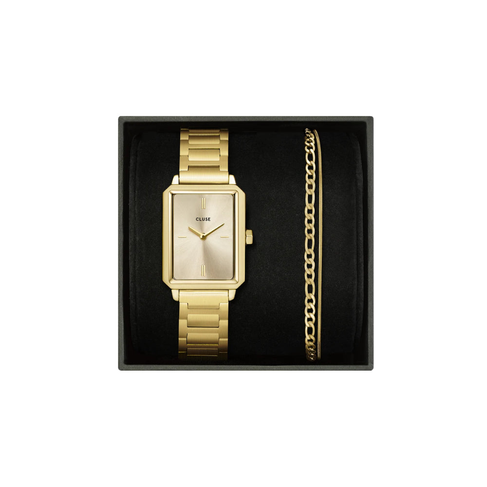 Gift Box Fluette Watch Steel &amp; Double Chain Bracelet Full Gold Color