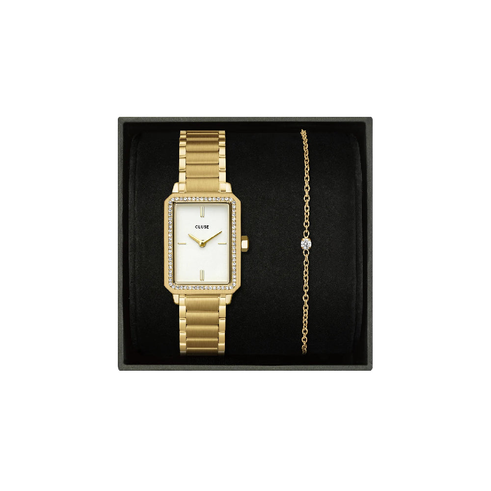 Cluse Gift Box Fluette Steel White Gold Stones Watch &amp; Zirconia Bracelet Gold Color