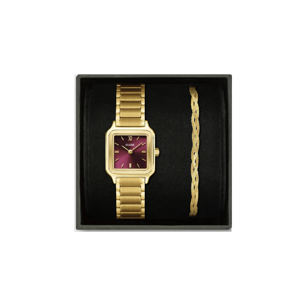 Cluse Gift Box Gracieuse Petite Watch Steel Dark Cherry &amp; Braided Snake Bracelet Gold Color