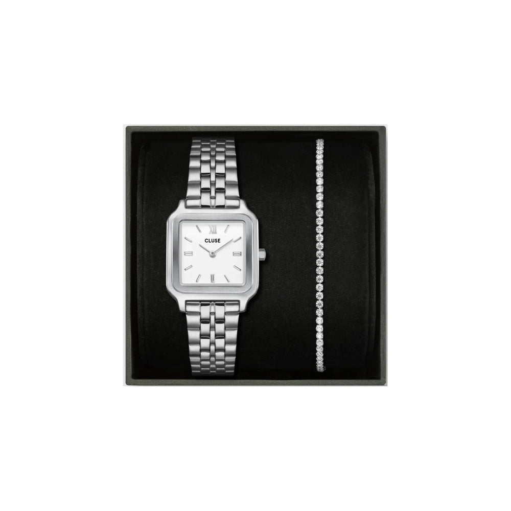 Cluse Gift Box Gracieuse Watch Steel White & Élevé Tennis Bracelet Silver Colour