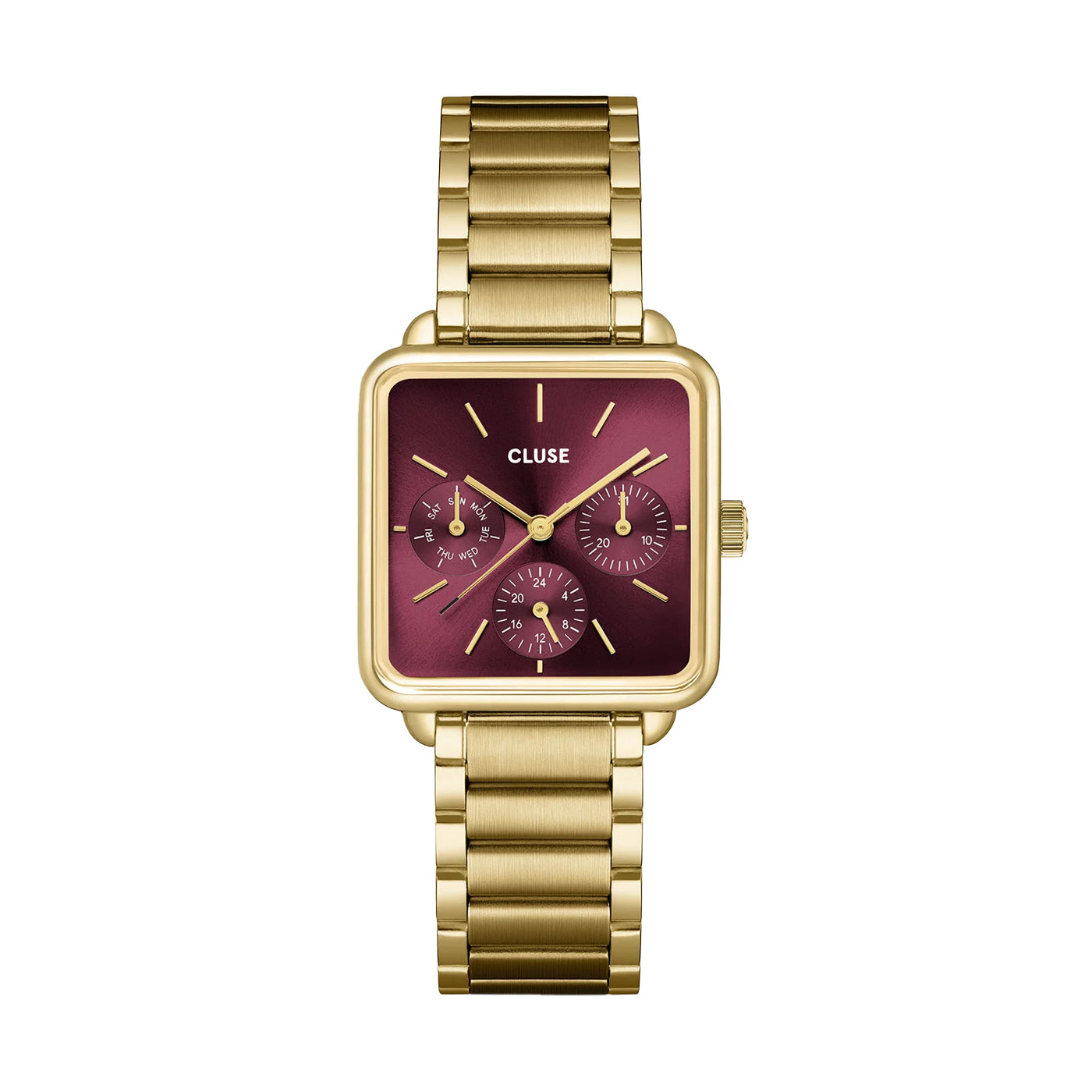 Cluse Gift Box La Tétragone Multifunction Watch Steel, Dark Cherry & Bead Bracelet, Gold Color