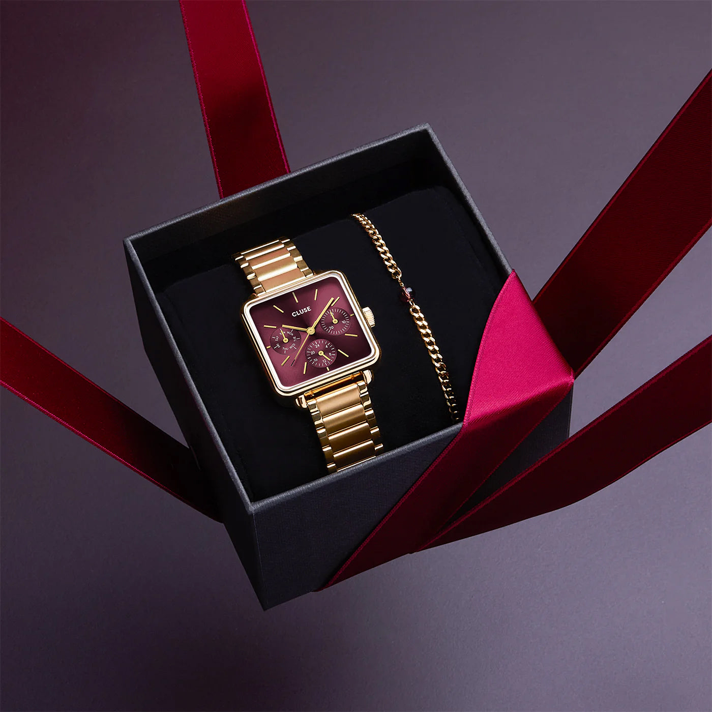 Cluse Gift Box La Tétragone Multifunction Watch Steel, Dark Cherry & Bead Bracelet, Gold Color