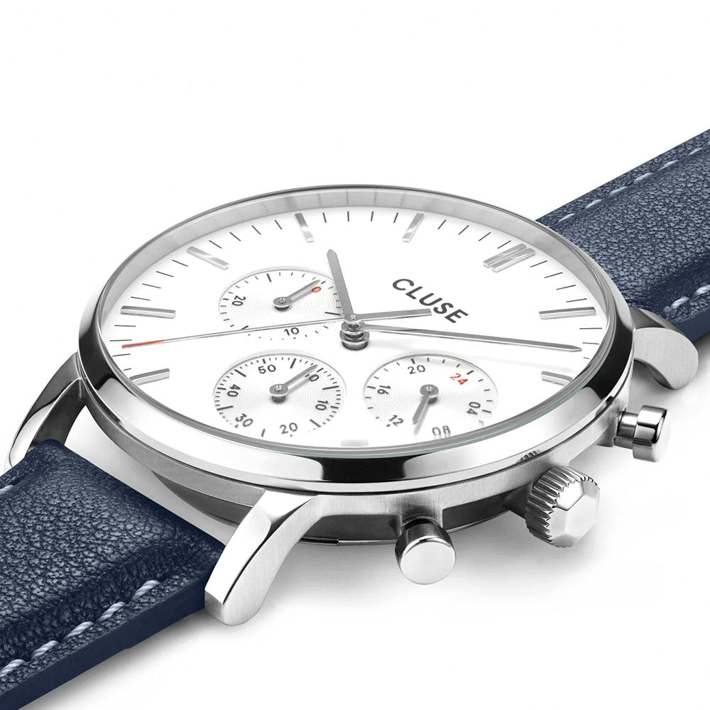 Cluse Gift Box Aravis Chrono Mesh Band & Navy Blue Leather Strap, Silver Colour