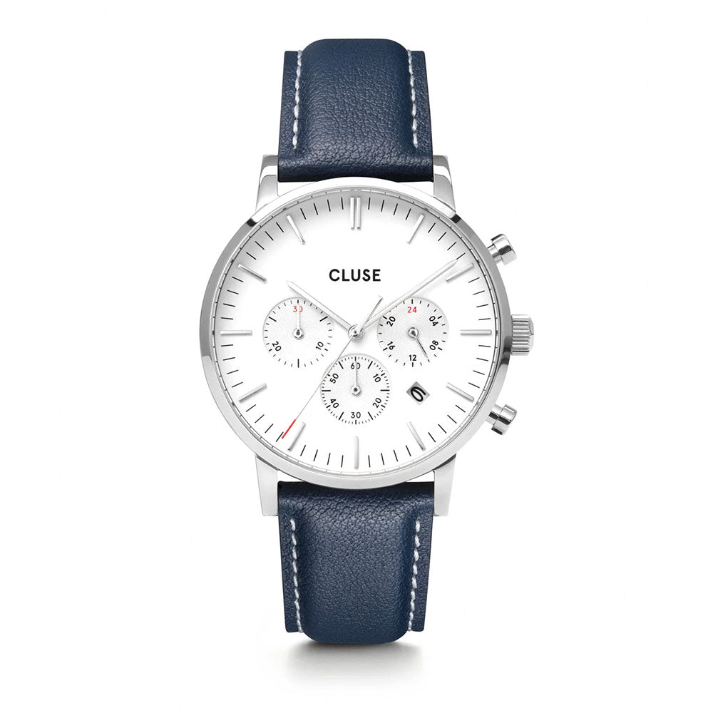 Cluse Gift Box Aravis Chrono Mesh Band & Navy Blue Leather Strap, Silver Colour