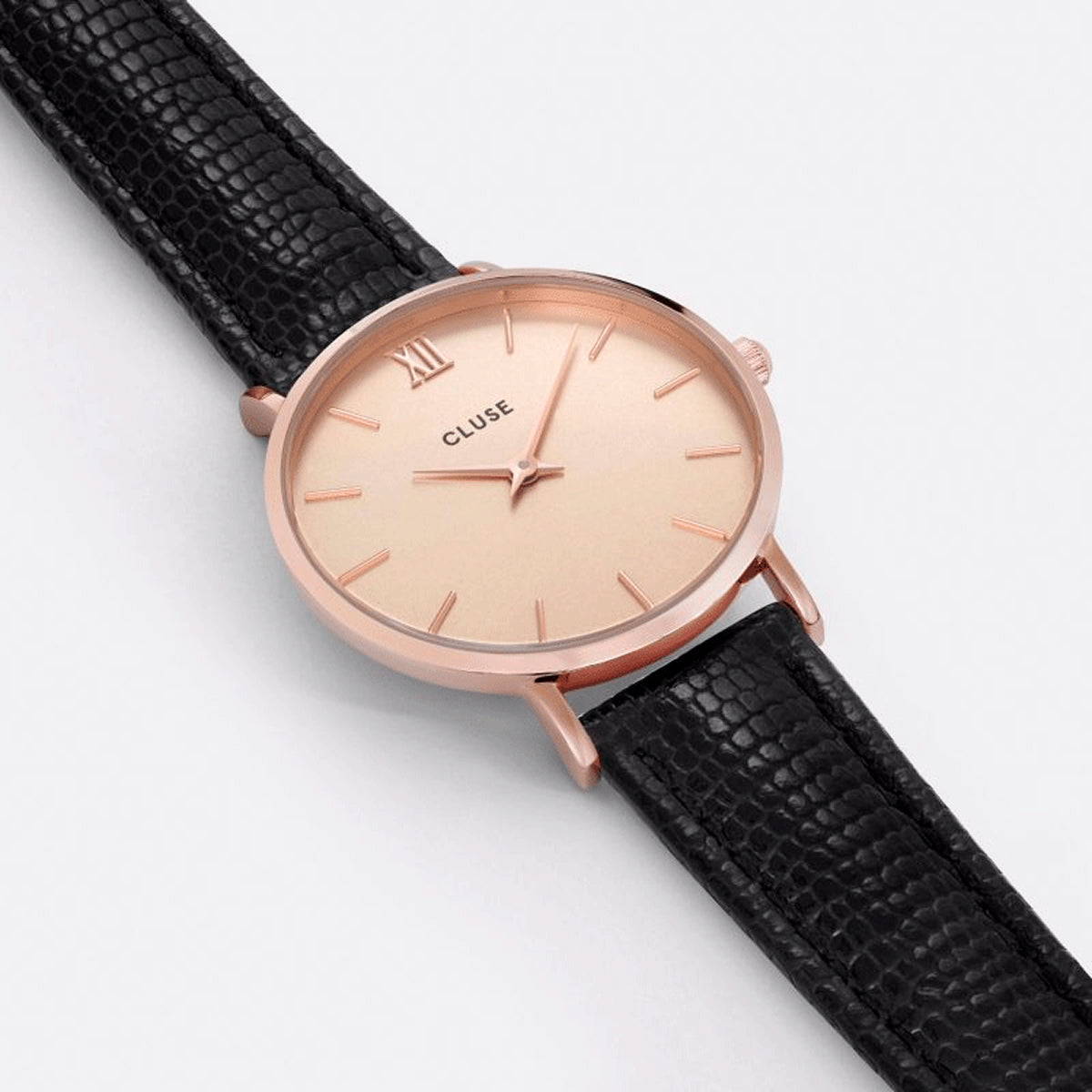 Cluse Minuit leather Rose Gold Champagne/Black Lizard